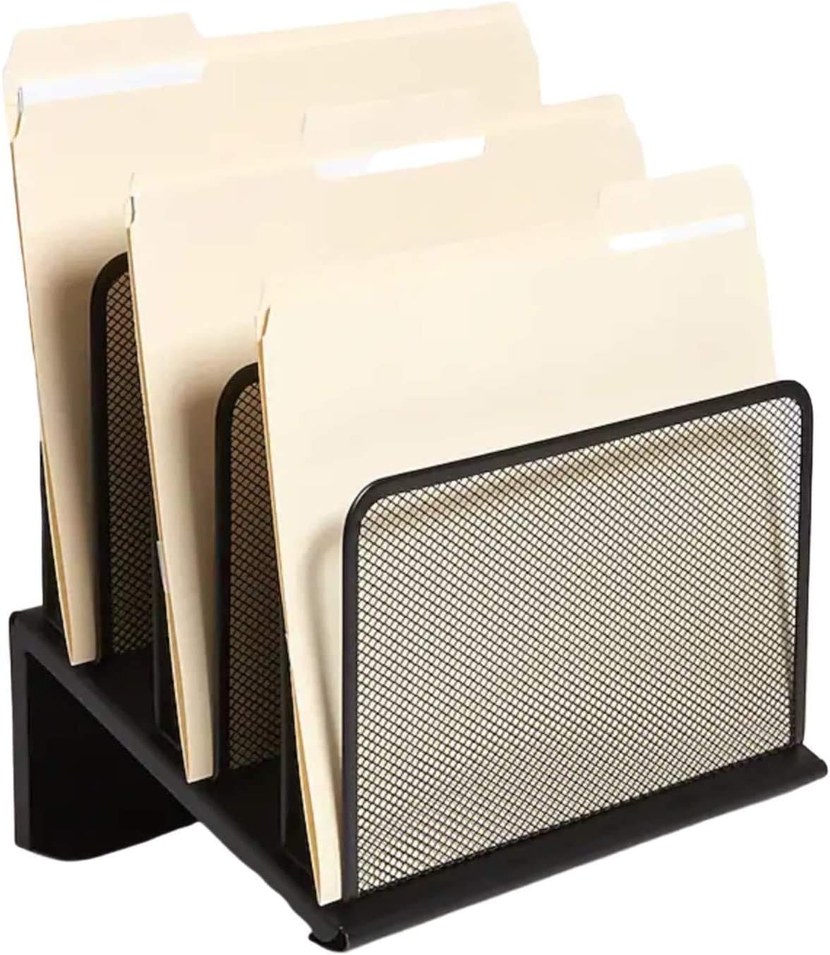 1InTheOffice Metal Mesh File Organizer, Black Wire Mesh 5 Section Incline Sorter