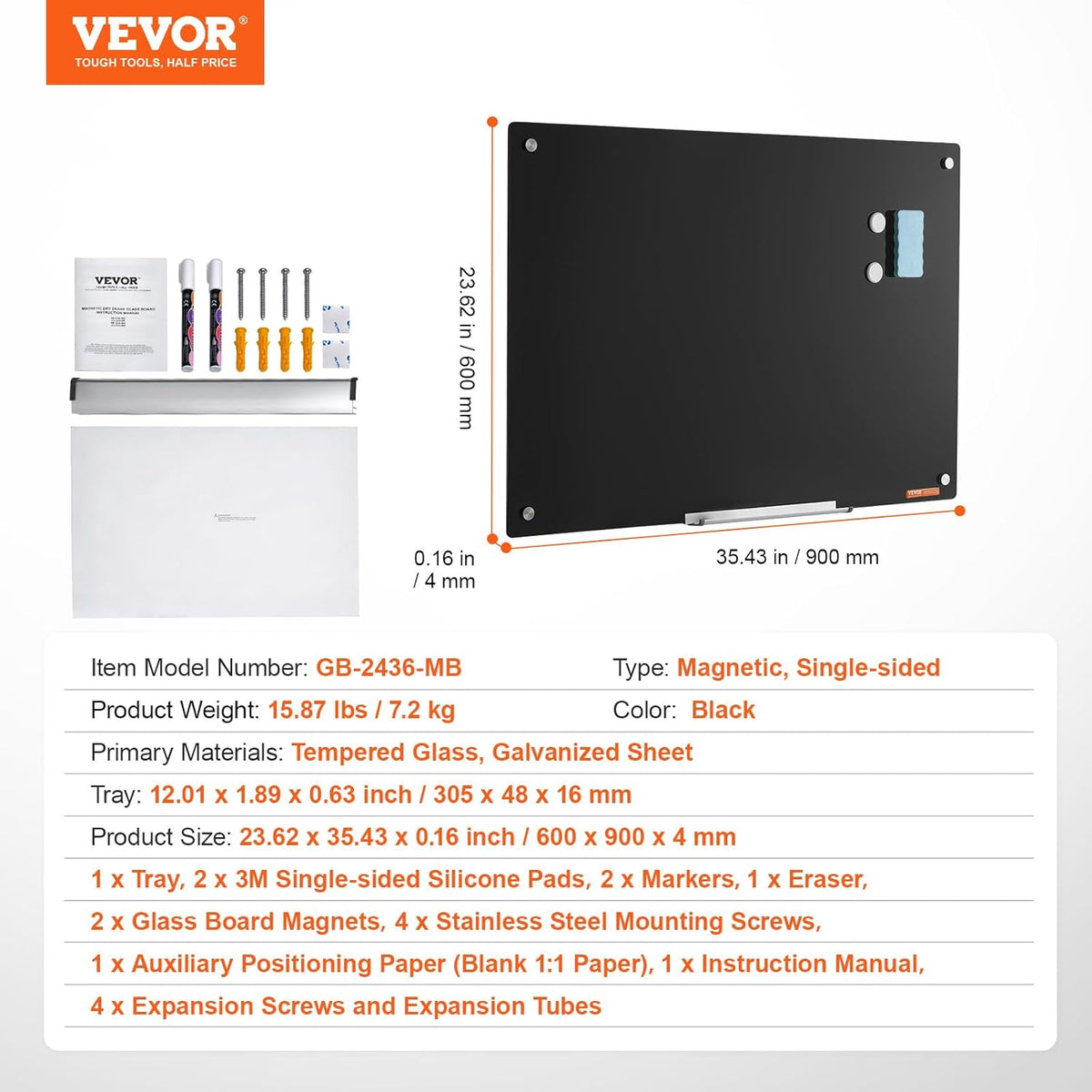 VEVOR Magnetic Glass Whiteboard, Dry Erase Board 36"x24", Wall-Moun...
