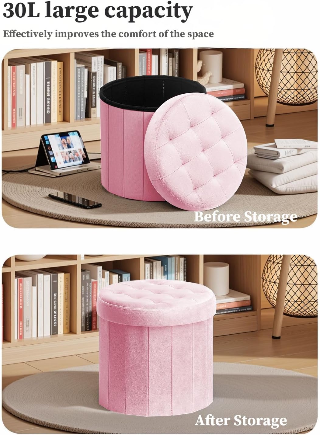 Bsketa Round Storage Ottoman, 14" Folding Velvet Foot Stool,Pink 2 Pack