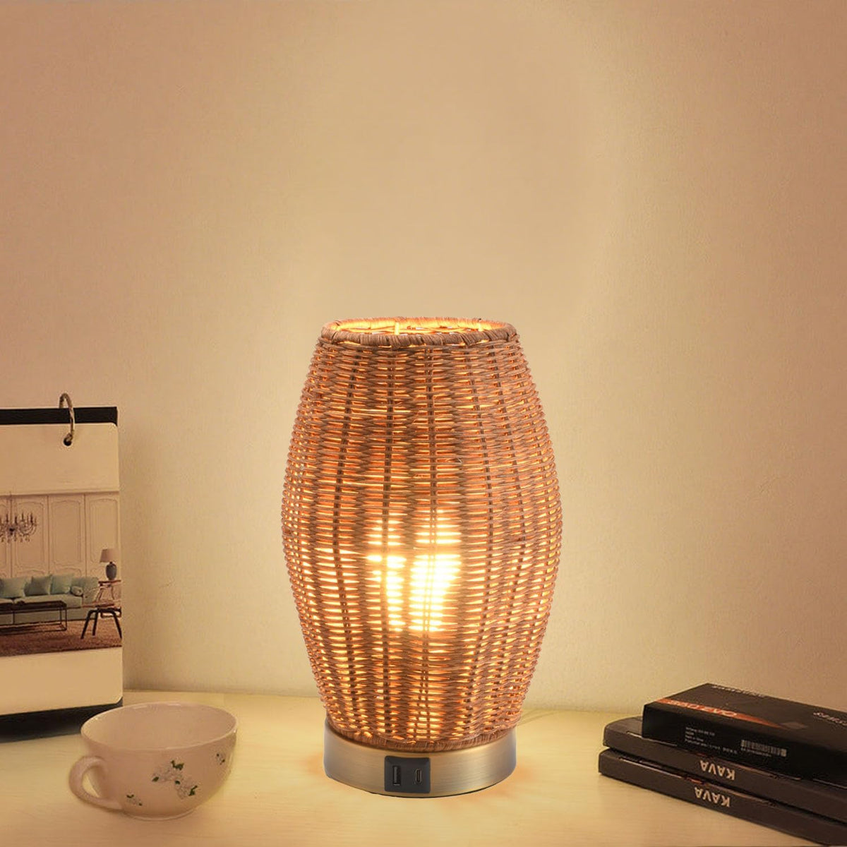 Boho Style Rattan Table Lamp,Dimmable Bamboo Desk Lamp,Touch & USB Charge...