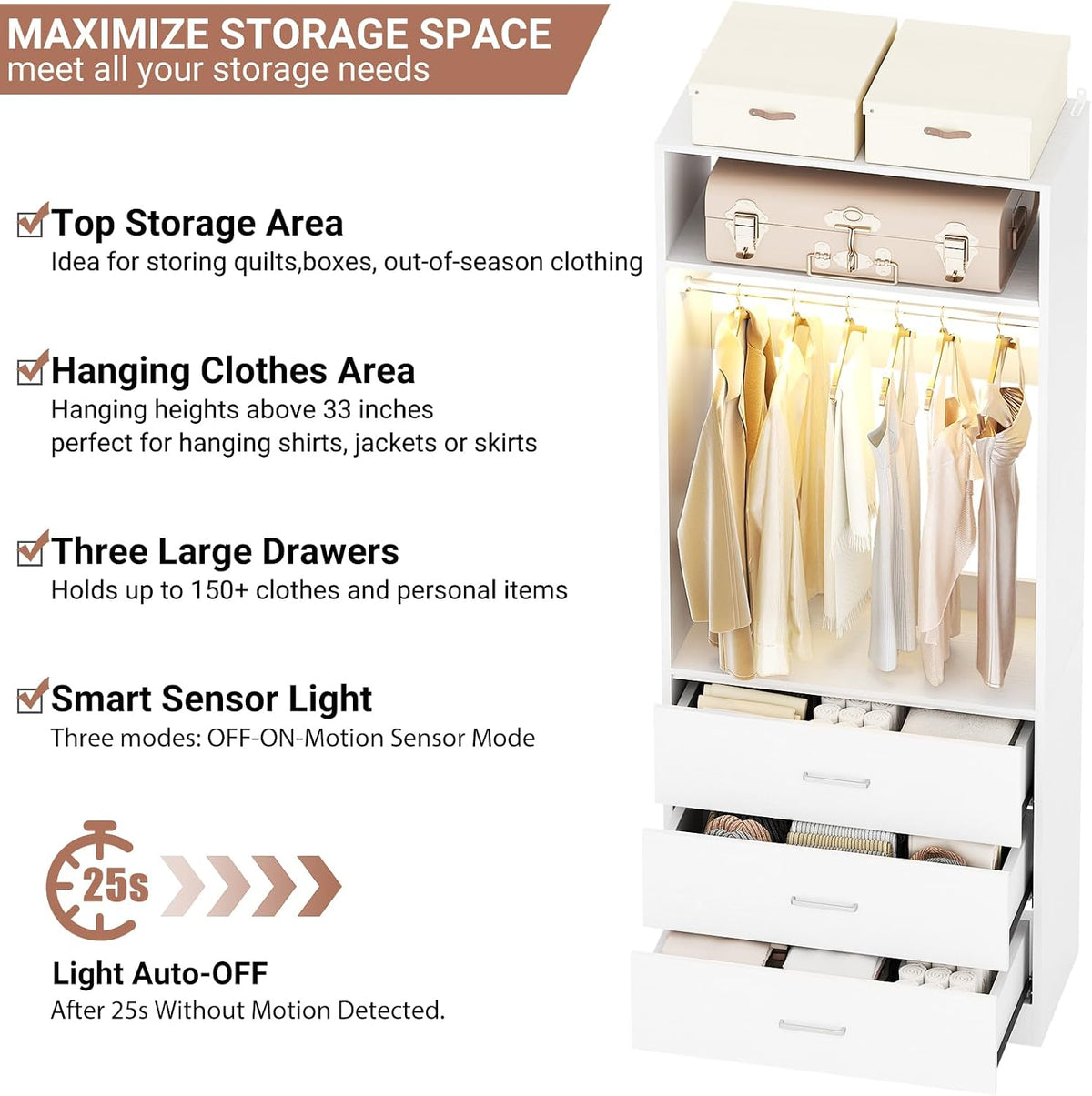 Besiost Closet System with Drawers & Sensor Light, White (Enclosed Storag...