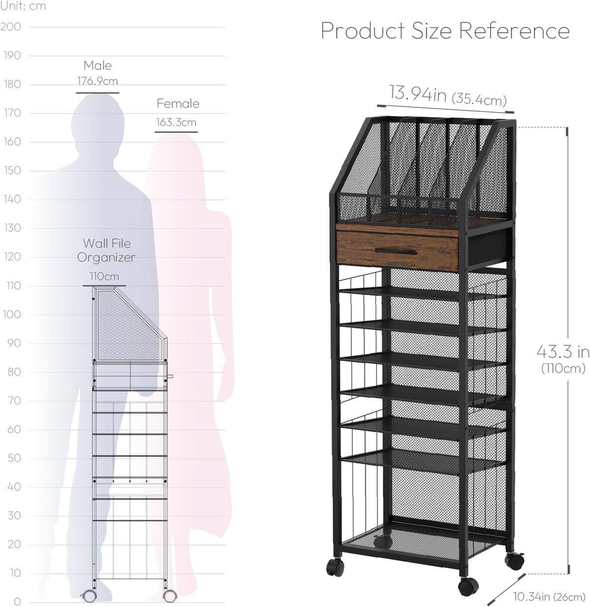 SWTYMIKI 9-Tier Rolling File Cart - Paper Organizer with Drawer and Trays, Wo...