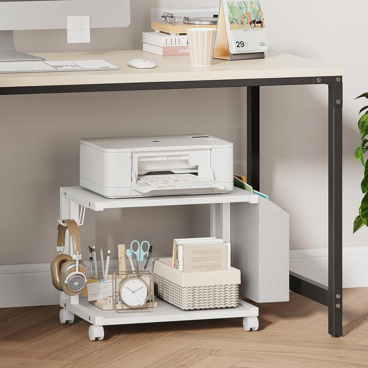 VEDECASA 2 Tier Modern White Wooden Under Desk Printer Stand with Storage Bag...