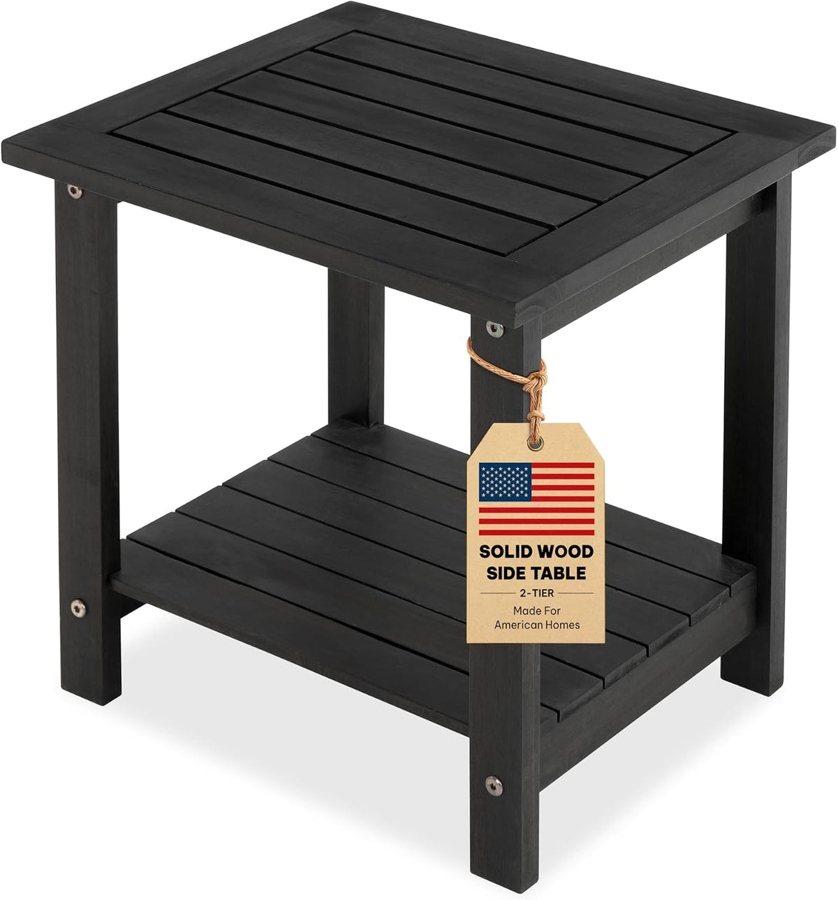 Acacia Wood Adirondack Side Table, 2-Tier Outdoor End Table - Black