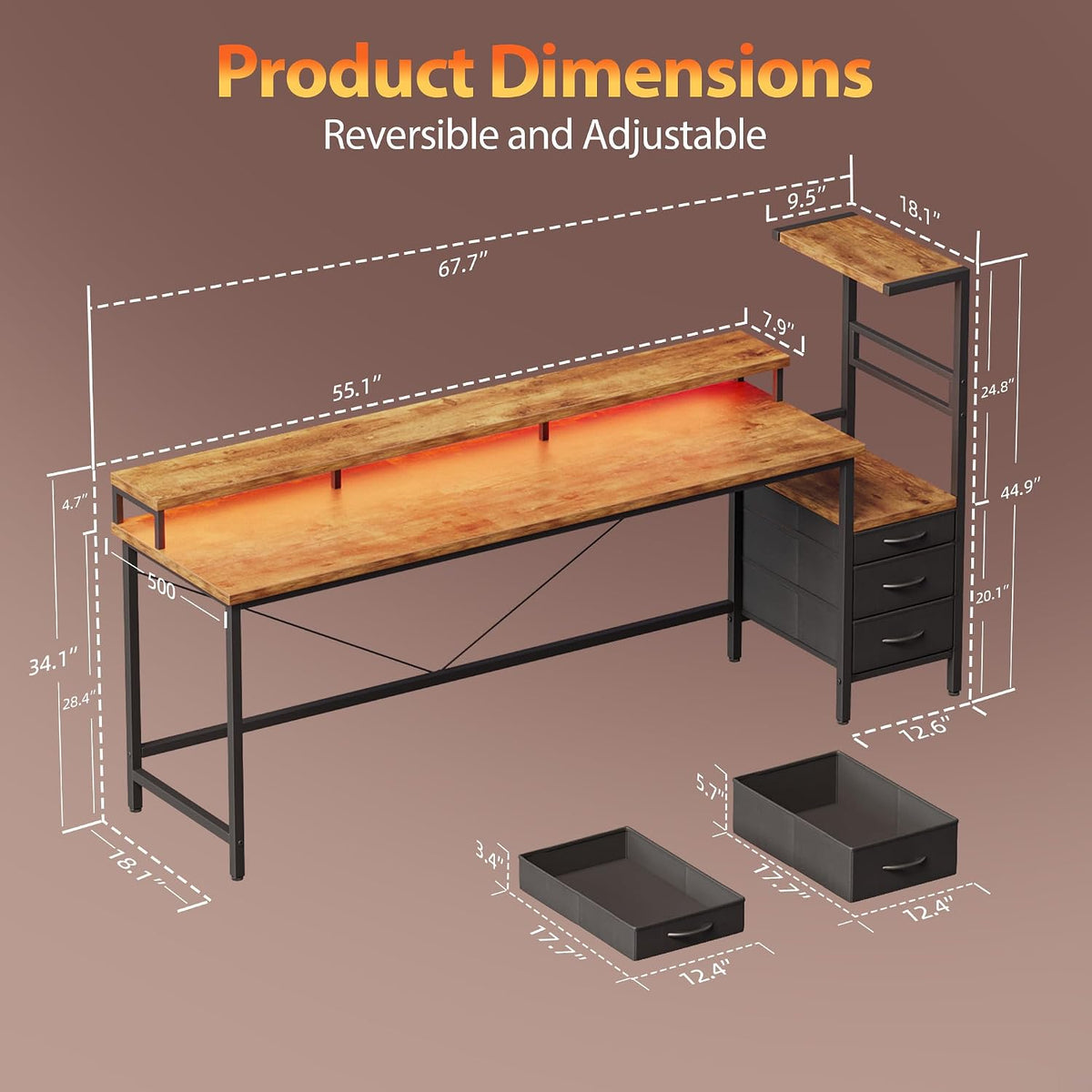 Mericonia 68 inch Gaming Desk with Drawers, Reversible Computer Desk, Brown