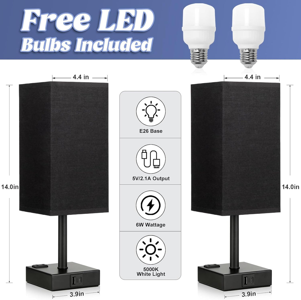 Set of 2 Black Table Lamp for Bedroom - Dimmable Touch, USB C+A, AC Outlet