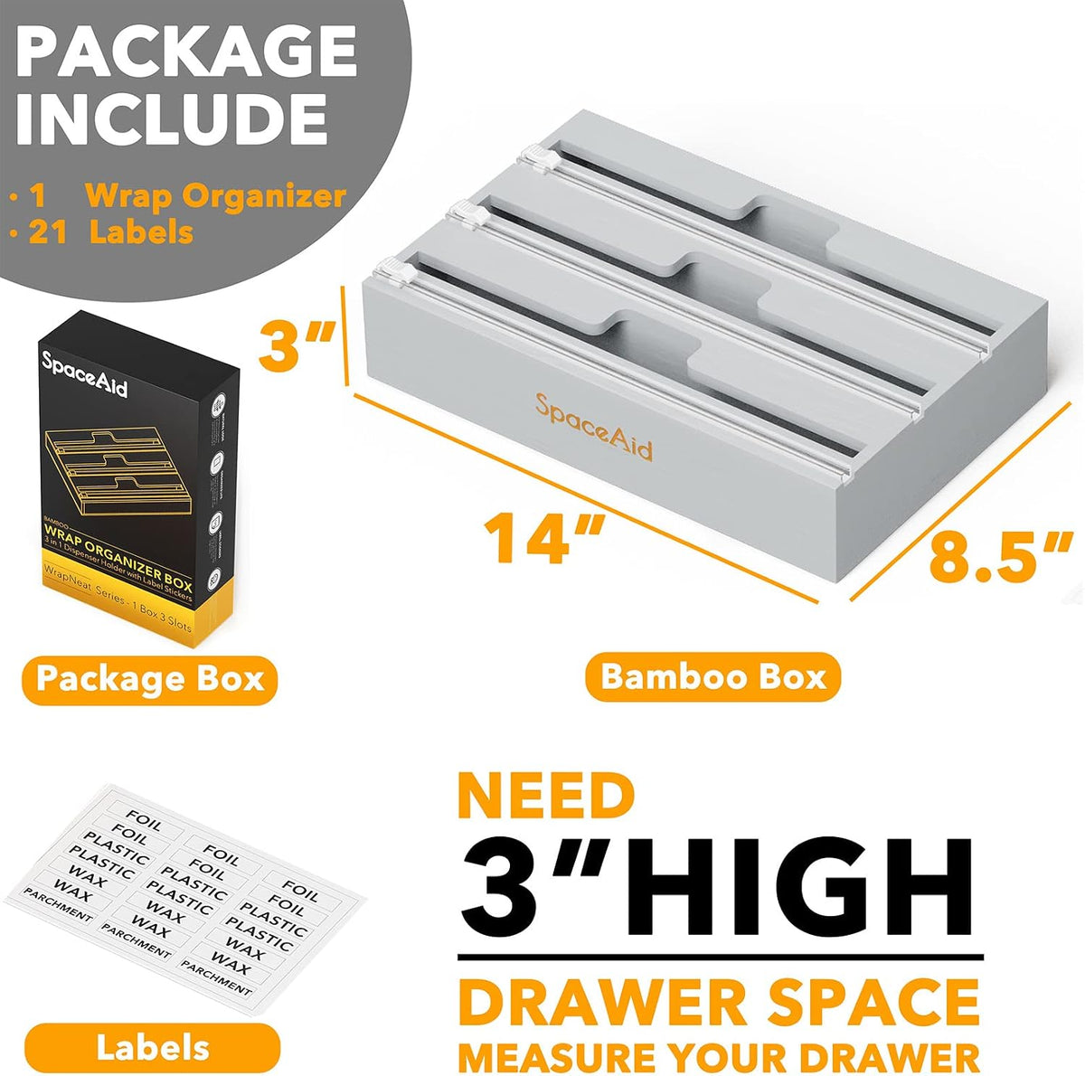 SpaceAid WrapNeat 3 in 1 Wrap Organizer with Cutter and Labels, Plastic Wrap,...