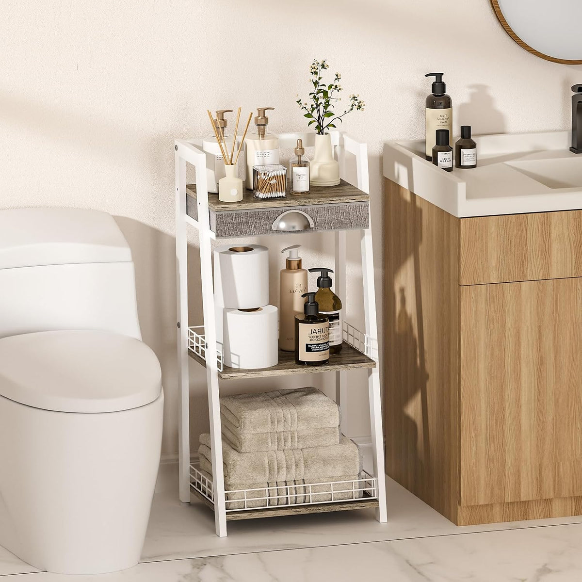 keomaisyto 3-Tier Small Bathroom Shelves with Drawer, Floor Storage Shelf, Sm...