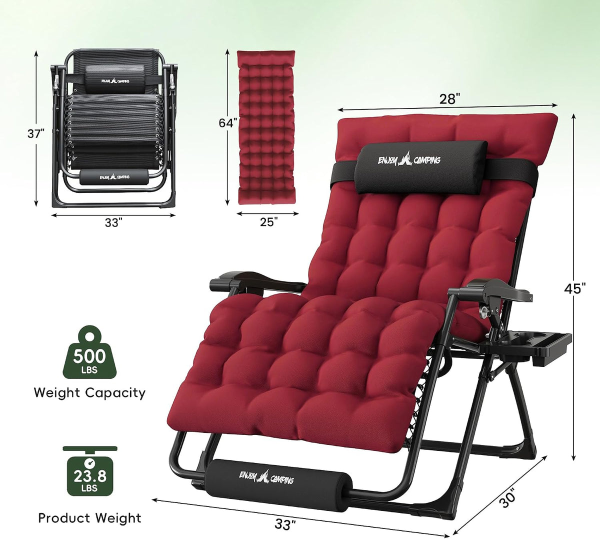 Oversized Zero Gravity Chair Folding Reclining Padded Patio Lounge Chairs