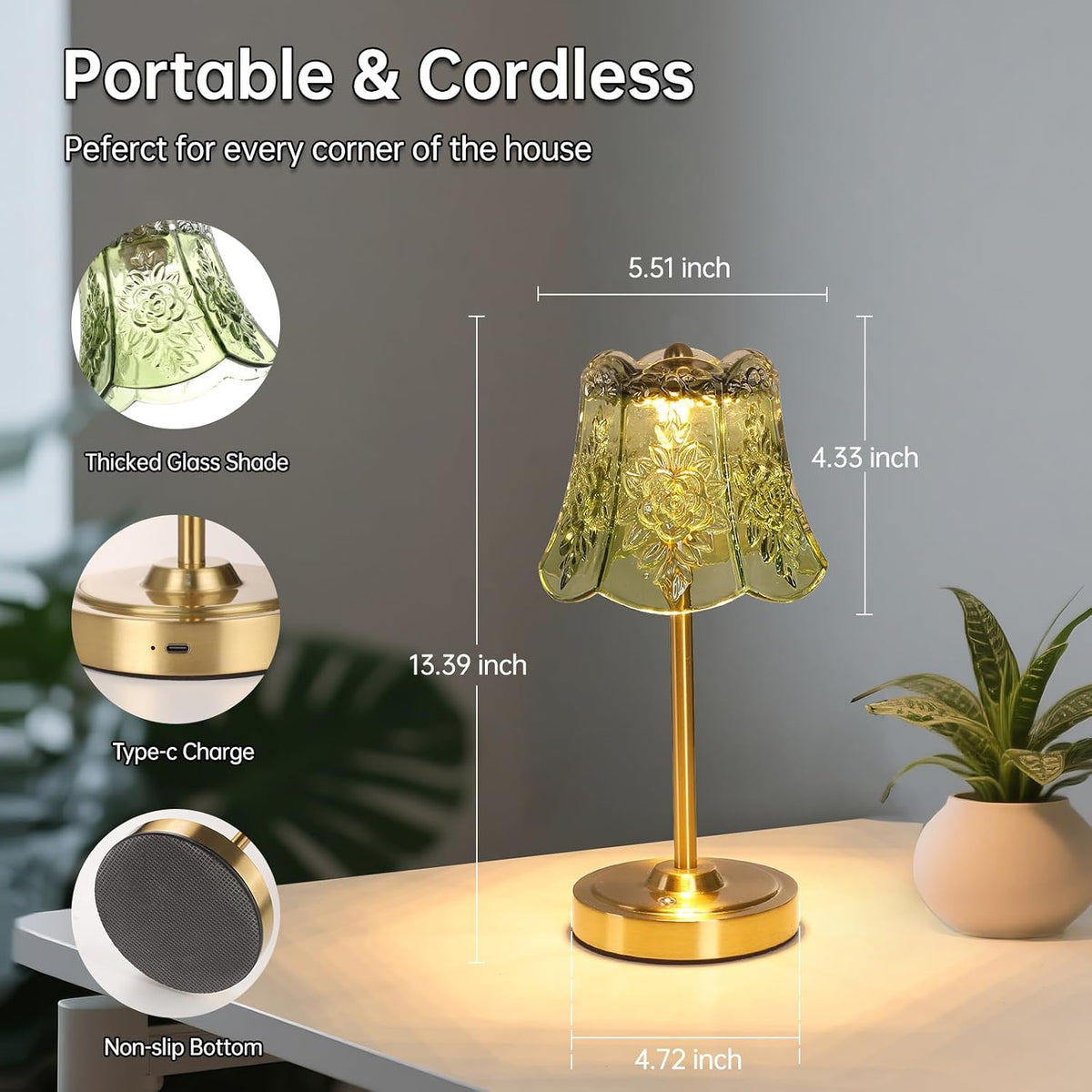 Shenmoyl Cordless Touch Table Lamp with 5200mAh Battery - 3 Adjustable Color ...