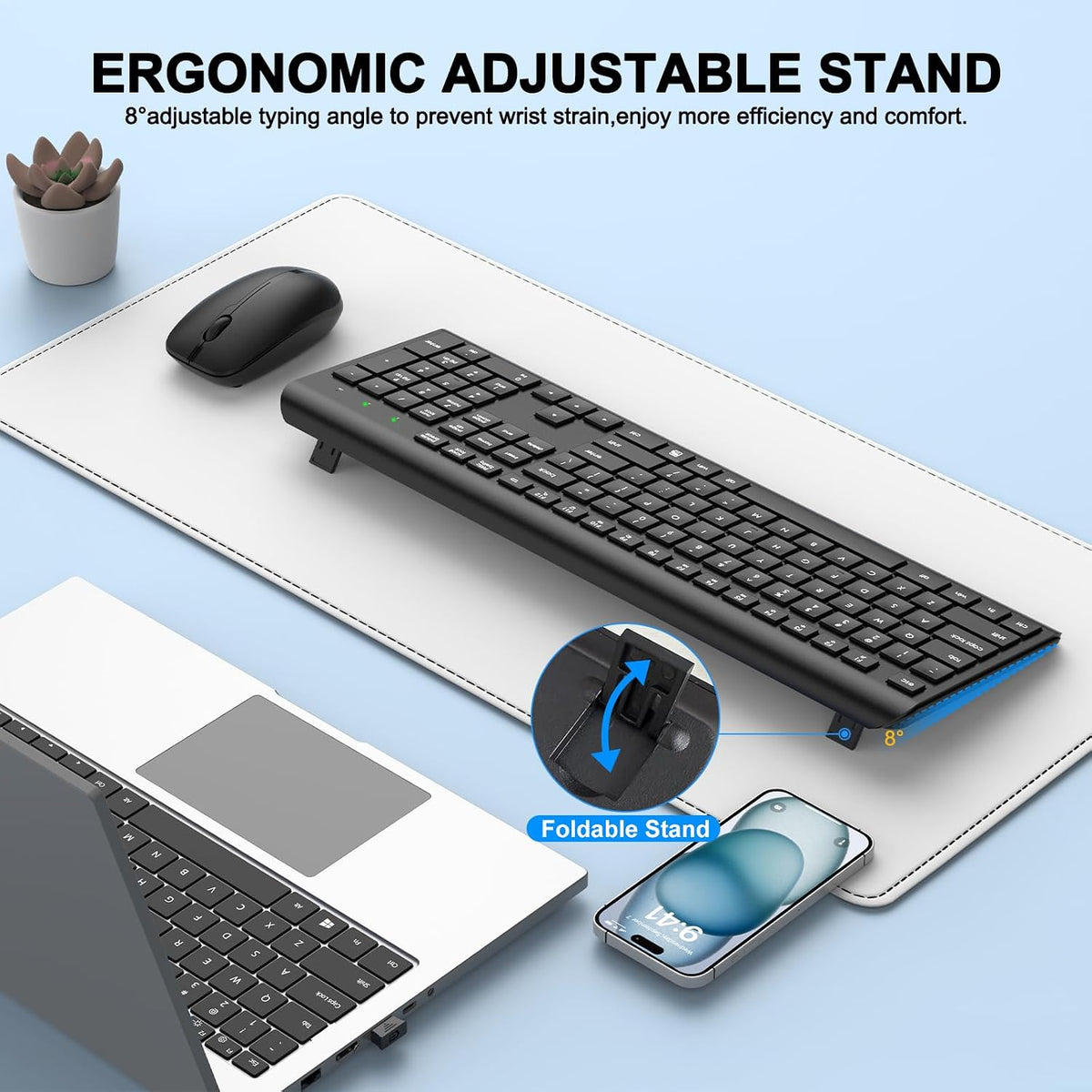 Wireless Keyboard and Mouse Combo, Full-Size Silent Ergonomic Keyboard and Op...