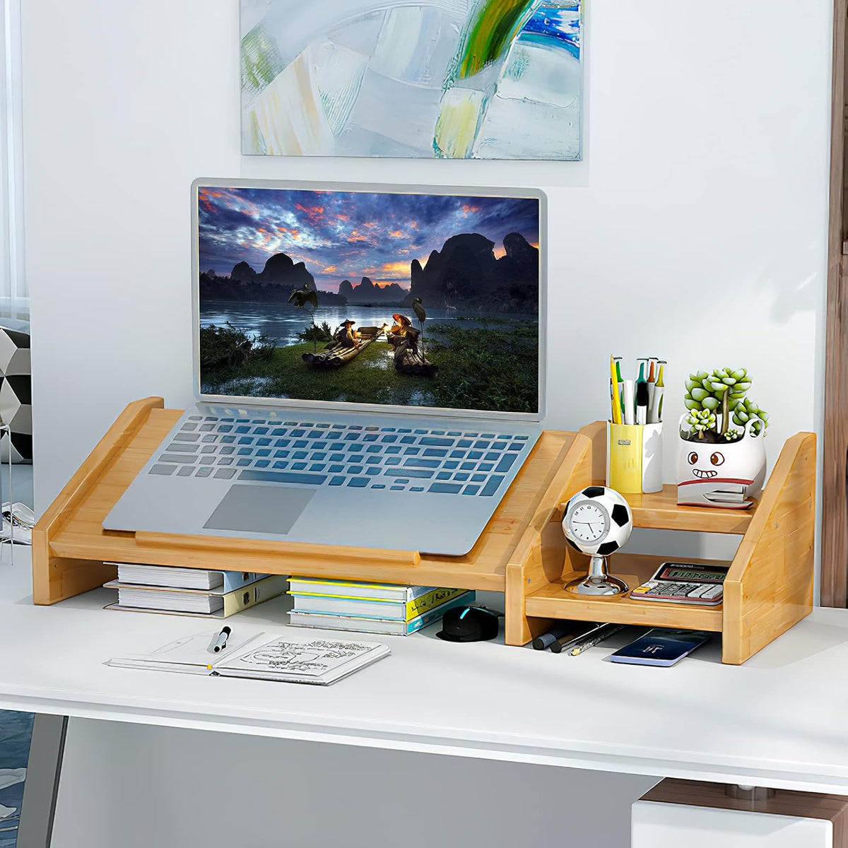 Ufine Bamboo Laptop Stand for Desk with Storage Computer Monitor Riser
