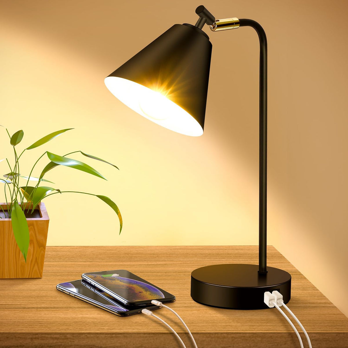 Industrial Dimmable Desk Lamp with 2 USB Charging Ports AC Outlet, Touch Cont...