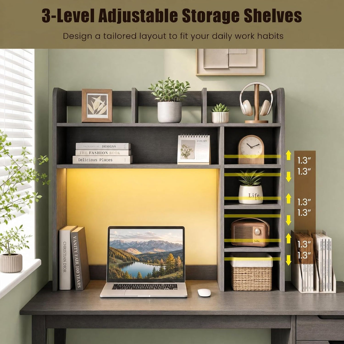 GOFLAME Desk Hutch, 8 Shelves Desktop Bookshelf, 31.5”, Gray