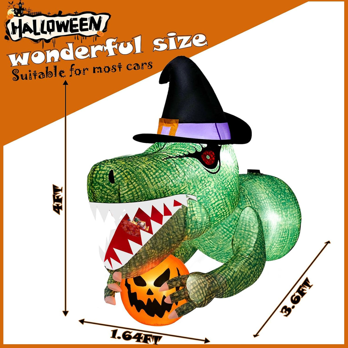 4 Ft Animated Trunk or Treat Car Inflatable Dinosaur,Halloween Trunk or Treat...
