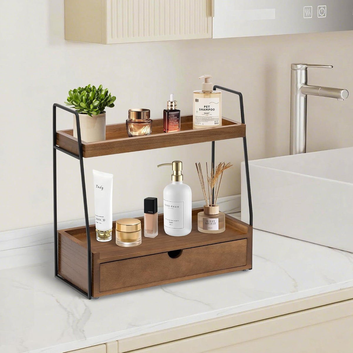 2-Tier Bathroom Countertop Organizer with Drawer, Wood Vanity Shelf Brown