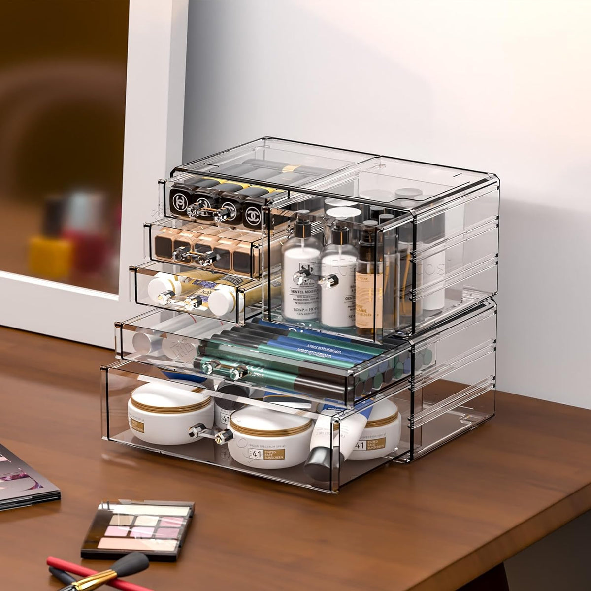Cq acrylic 2 Pack Clear Desk Organizer With Drawers,Stackable 6 Drawers Skinc...