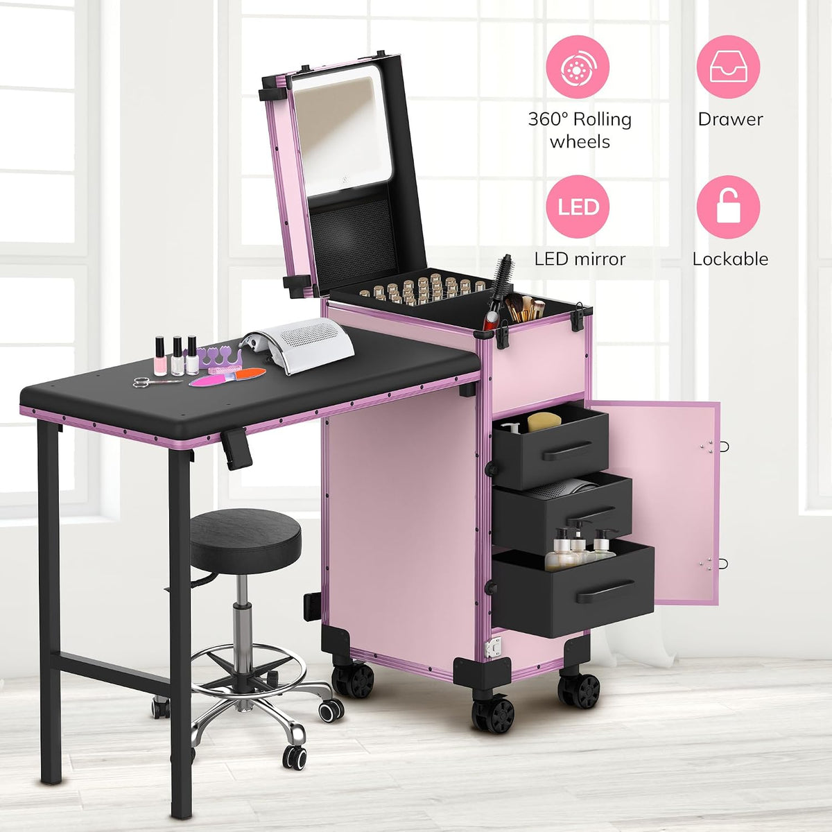 EASYINBEAUTY Rolling Portable Manicure Table with 3 Storage Drawers, Pink