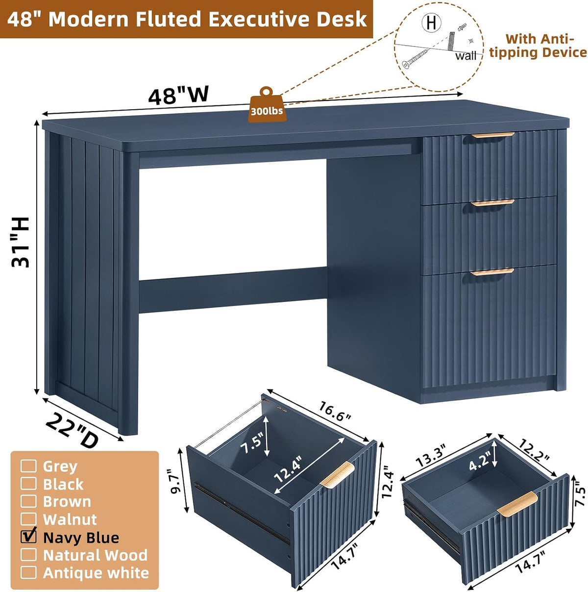 LEYAOYAO Office Desk 48" with 3 Drawers Storage File Cabinet