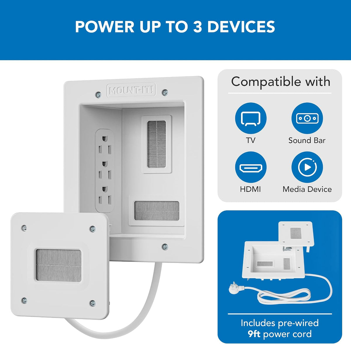 Mount-It! in-Wall TV Cable Concealer Kit with Recessed Power – Triple Outlet,...