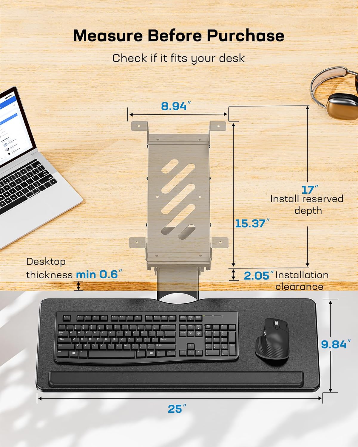 HUANUO Under Desk Keyboard Tray for Flat Bottom and Cross Beam Desks