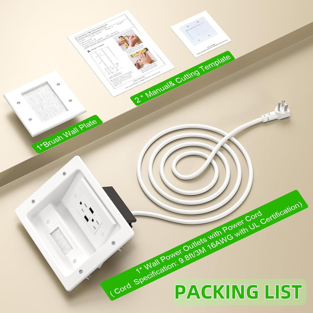 in Wall Cable Management Kit with Brush Wall Plate,AC Outlets & USB-a Por...
