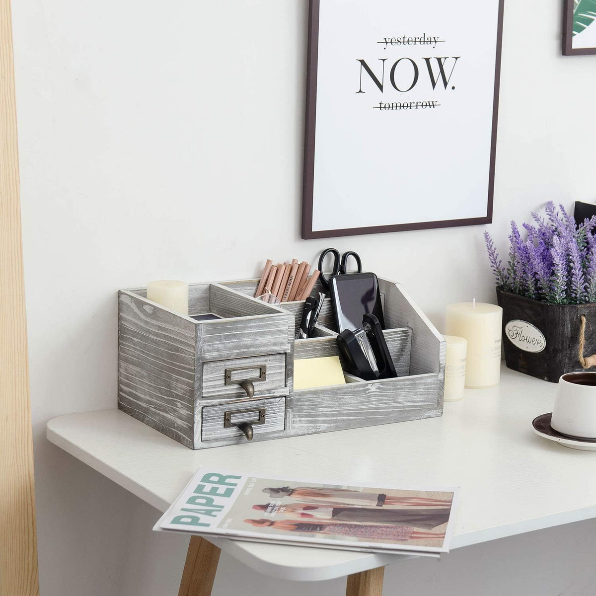Distressed Rustic Wooden Office Desktop Organizer Wood Shelf Tabletop Home Or...