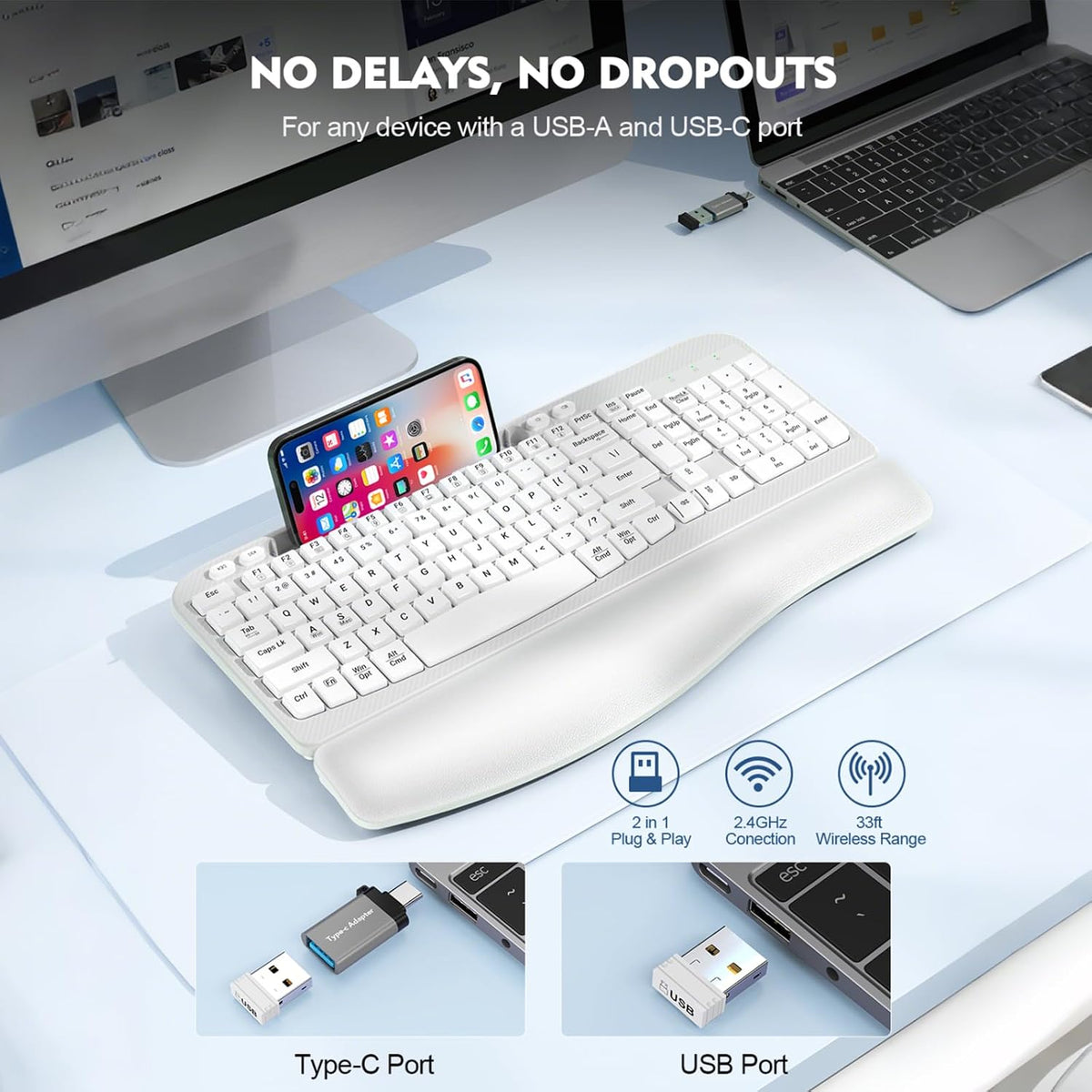 EAYBLLY 2.4G Wireless Ergonomic Keyboard, Full Size Wave Keys with Memory Foa...