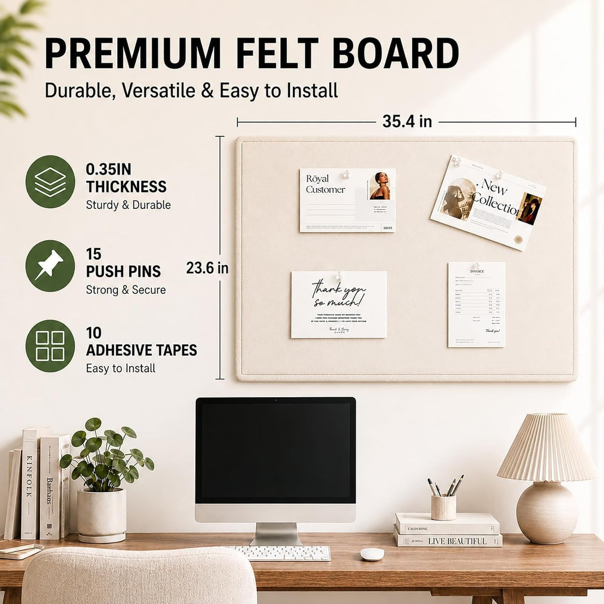 Felt Bulletin Board for Wall, 36" x 24" Frameless Pin Board, Beige