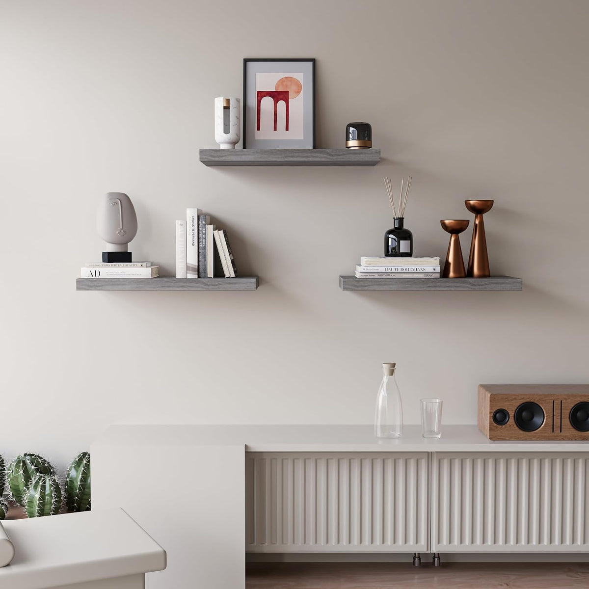 Floating Shelves for Wall Set of 3, 16" Gray Wall Shelves for Home Decor