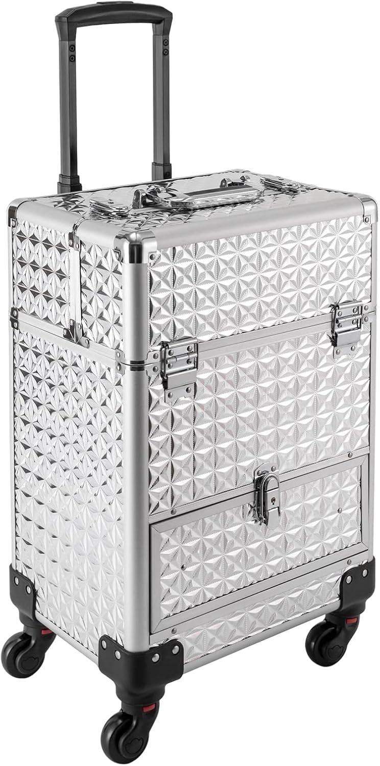 Professional Rolling Makeup Train Case - Heavy Duty Aluminum Alloy Beauty Org...