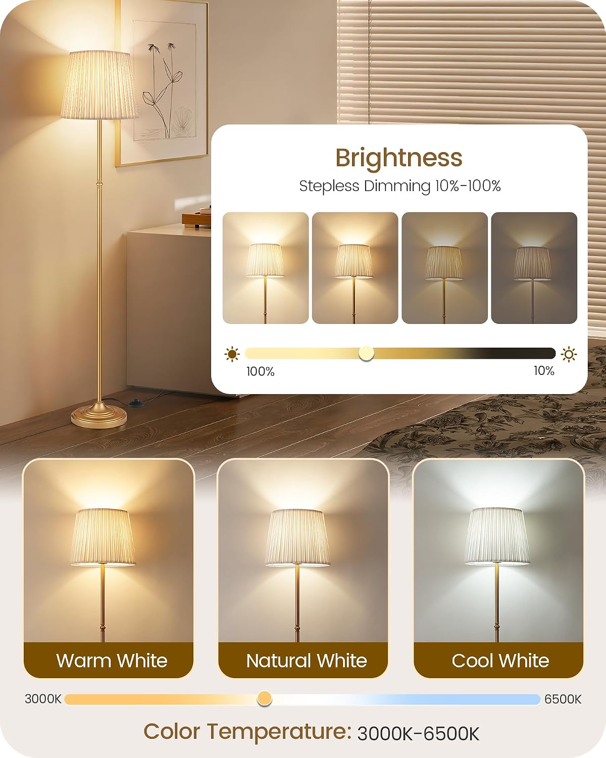 Dimmable Floor Lamp for Living Room, 68" Tall Standing Lamp, Reading Lig...