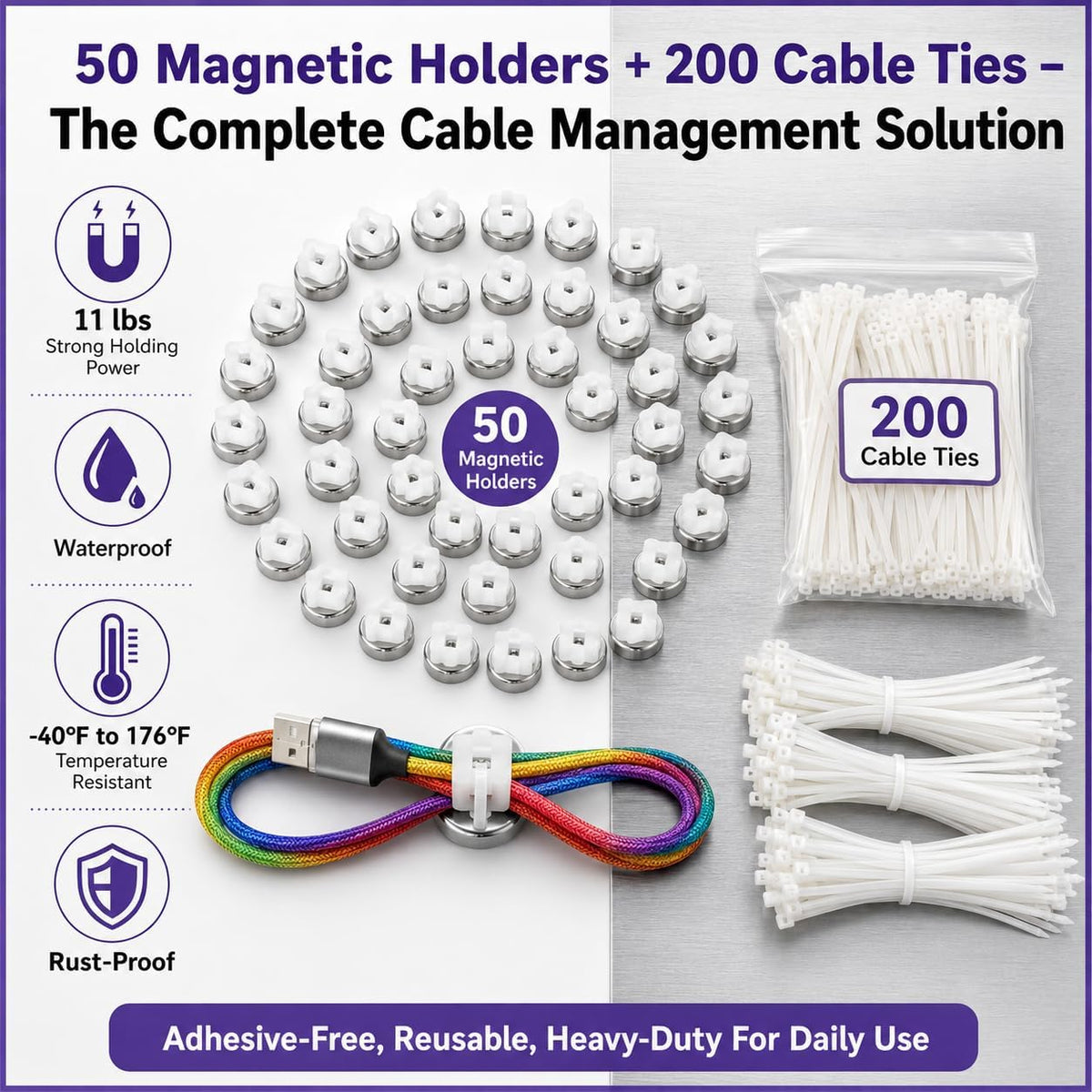 Magnetic Cable Zip Tie Mounts Kit, 50 Pcs Holders with 200 Pcs Cable Ties, He...