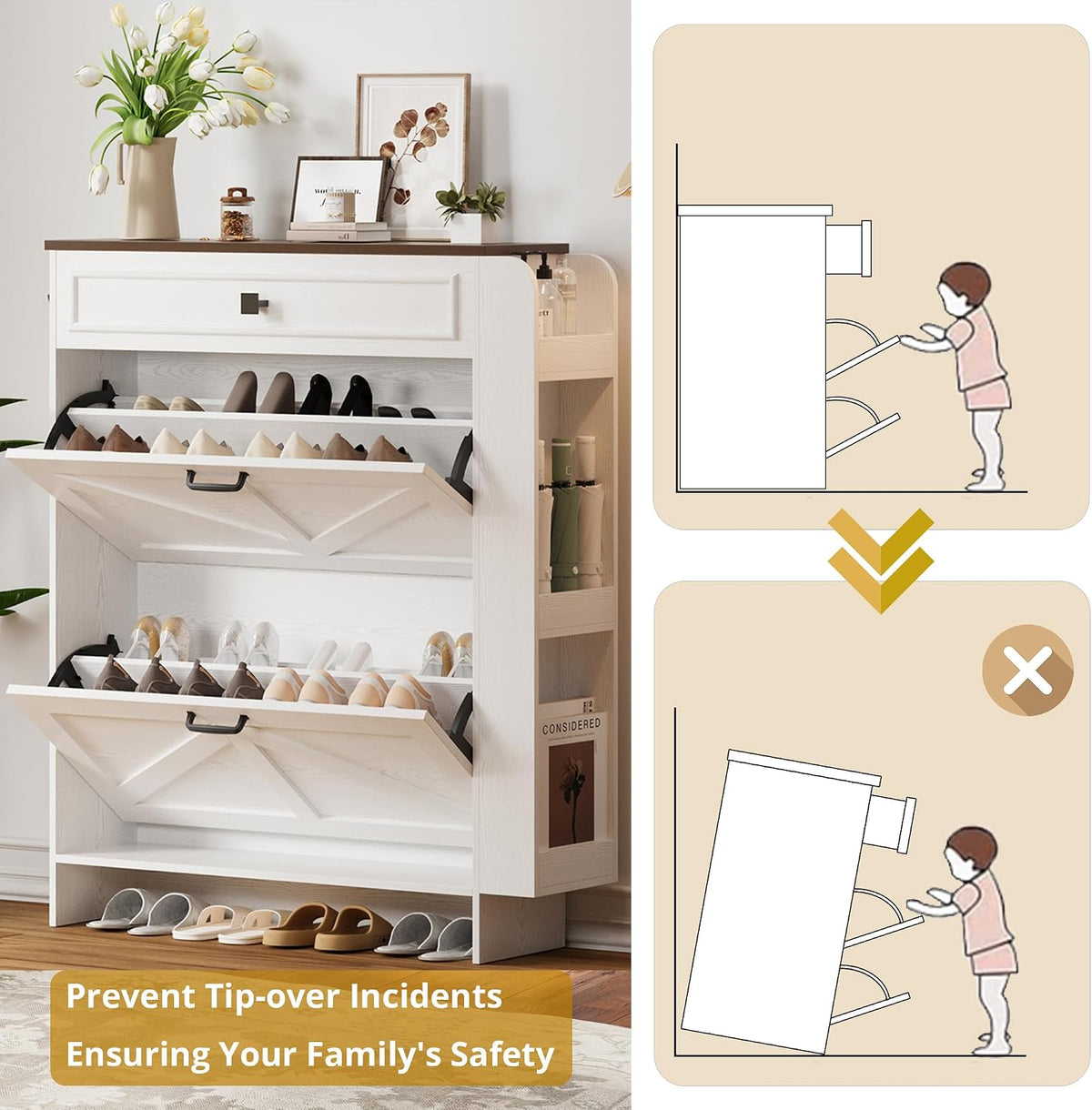 IRONCK Shoe Storage Cabinet with 2 Flip Drawers & Barn Door, White/Walnut