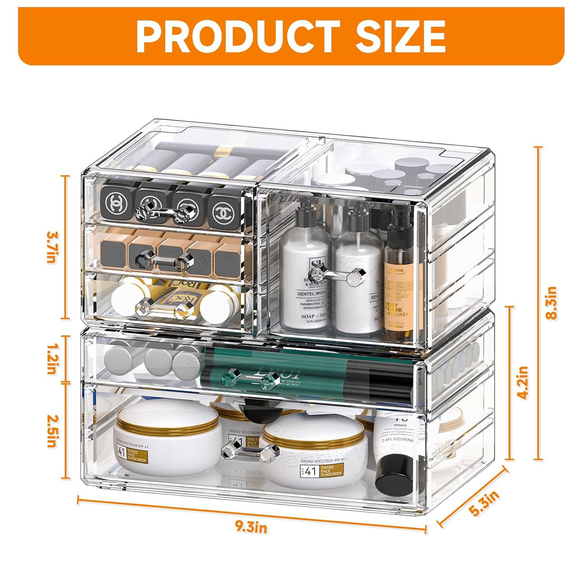 Cq acrylic 2 Pack Clear Desk Organizer With Drawers,Stackable 6 Drawers Skinc...