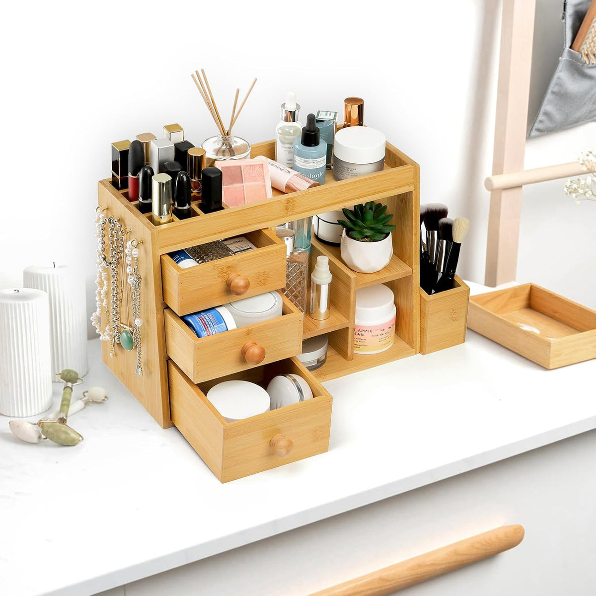 Elsjoy Large Countertop Bamboo Makeup Organizer with 3 Drawers, 12-Grid Lipst...