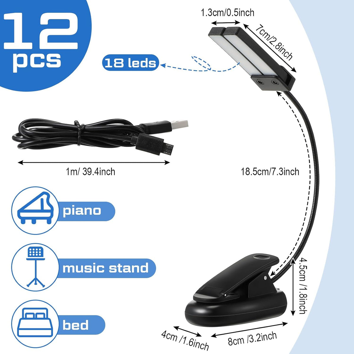 Retisee 12 Pcs Music Stand Lights Clip on Reading Lights,Double-lamp Style