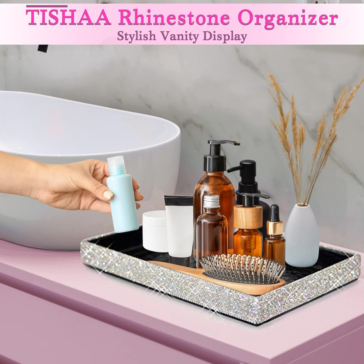 TISHAA Bling Decorative Tray Holder – Makeup Cosmetic Jewelry Ring Key Displa...