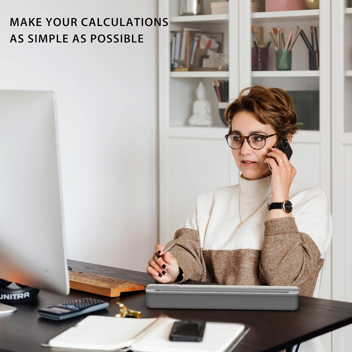 TOWON Glass Desk Whiteboard with Calculator 18x6 in, Desk Organizer, Gray