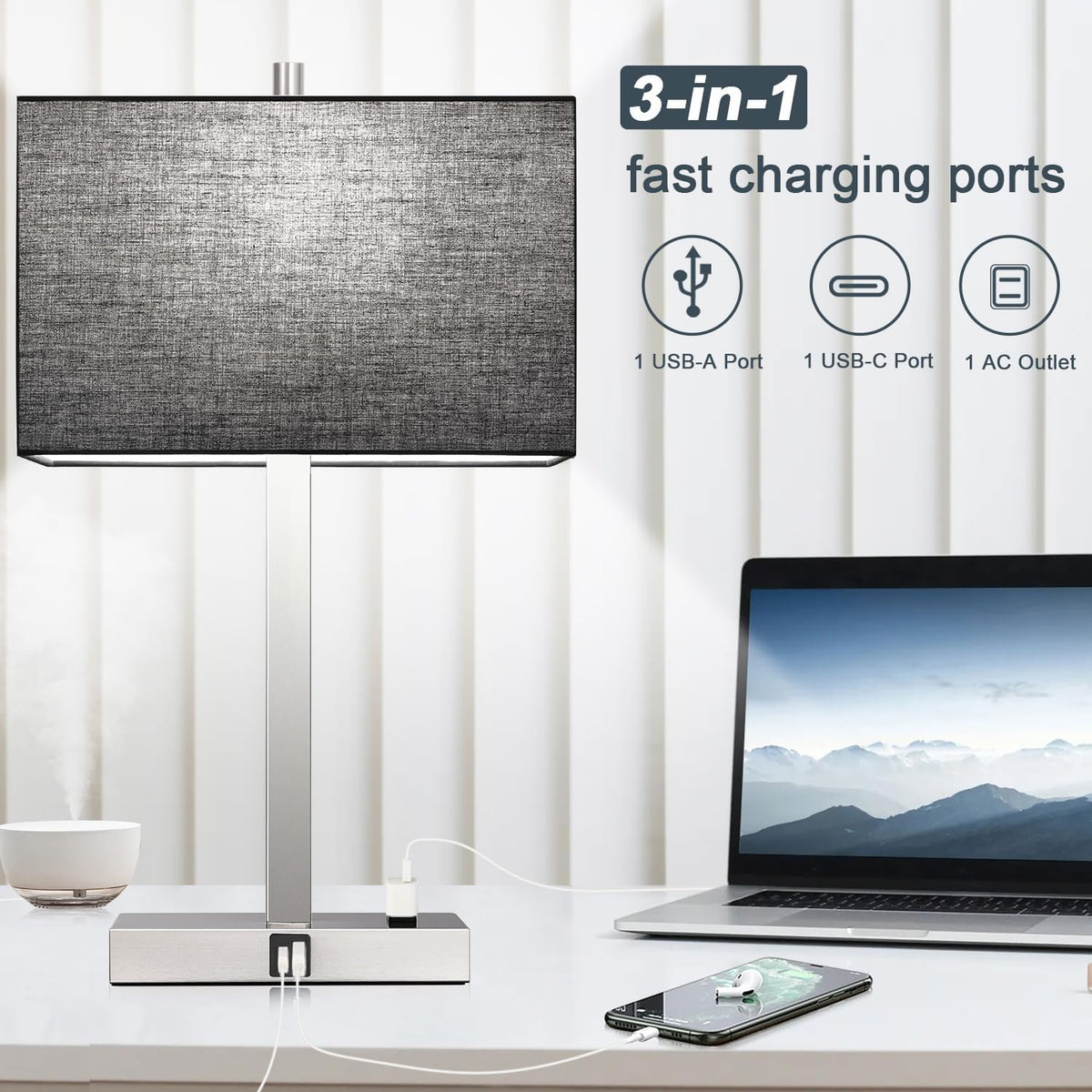 21" Touch Bedside lamps with 2 USB & AC Outlets, 3-Way Dimmable Beds...