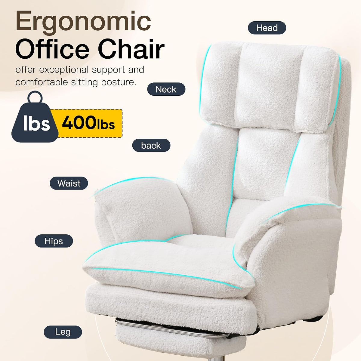 JOMEED Cloud Cross Legged Office Chair with Footrest,Flip Armrest,White
