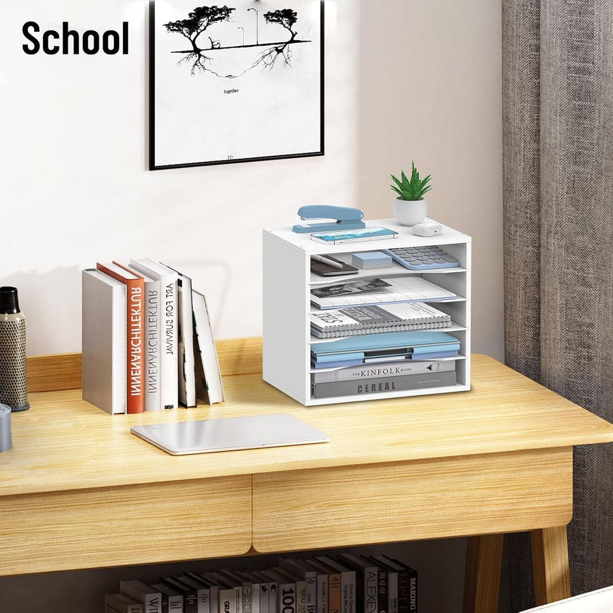 5-Tier Paper Organizer for Desk, Adjustable Mail Organizer, White