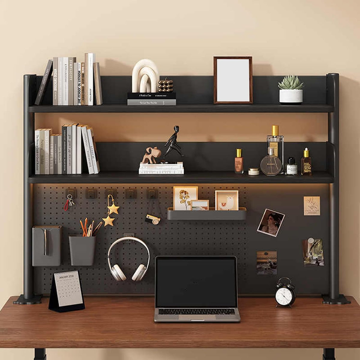 31.4in Clamp on Desk Shelf with Pegboard, Black Desktop Bookshelf Organizer