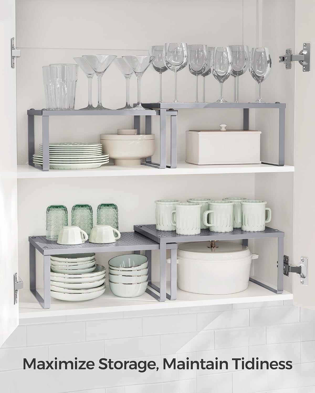 SONGMICS Set of 4 Metal Spice Racks, Stackable Expandable Shelf Risers
