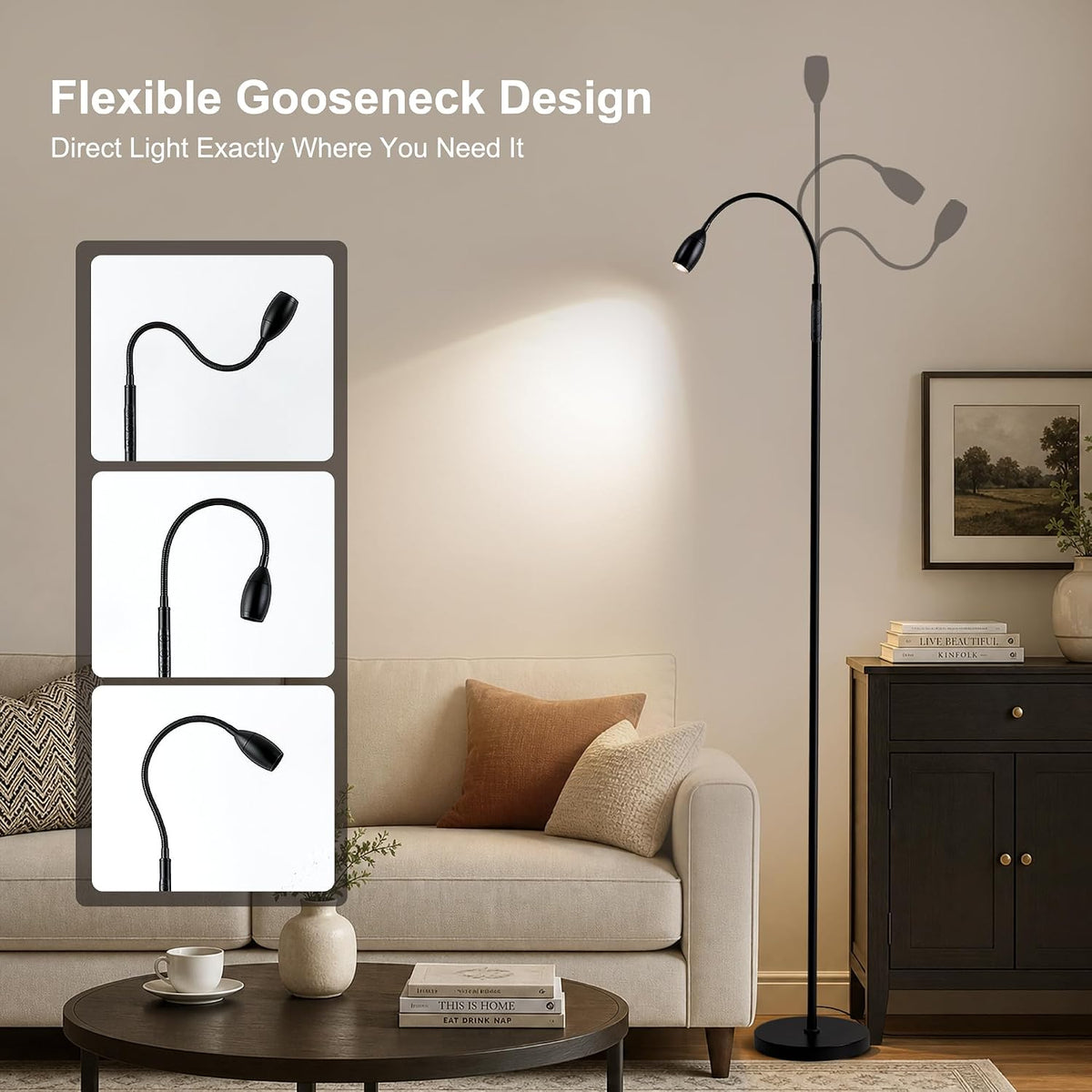 72" Reading Floor Lamp,Gooseneck LED Lamp with Zoomable Spotlight,Black