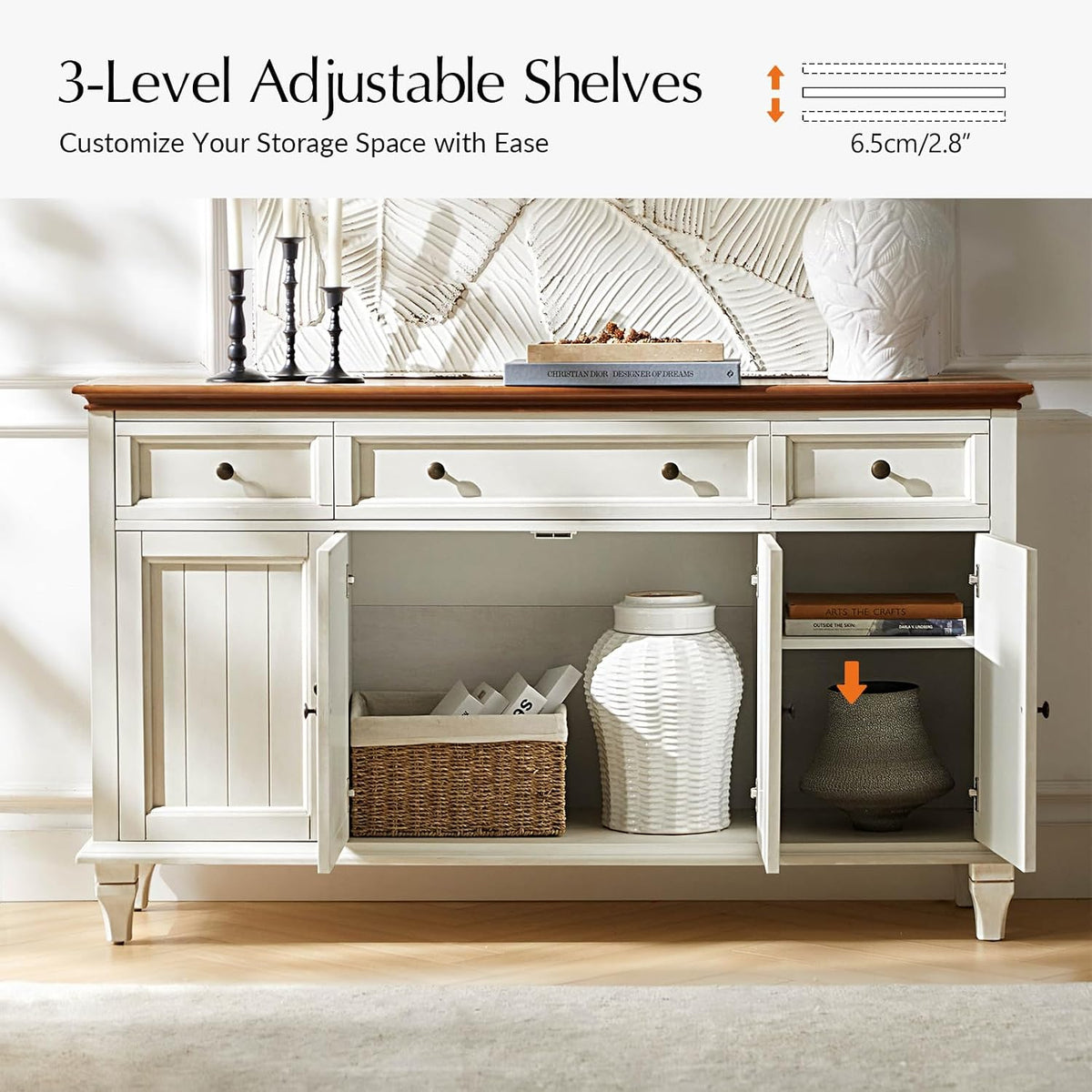 HULALA HOME 58" Sideboard Buffet Cabinet with Storage & Drawers, White