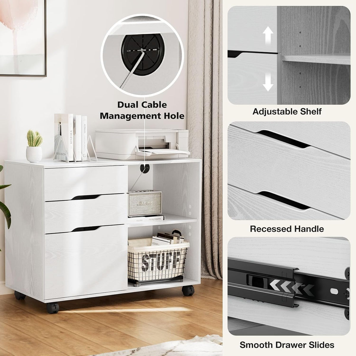 DUMOS File Cabinet with 3 Drawers, Wood Under Desk Storage Printer Stand