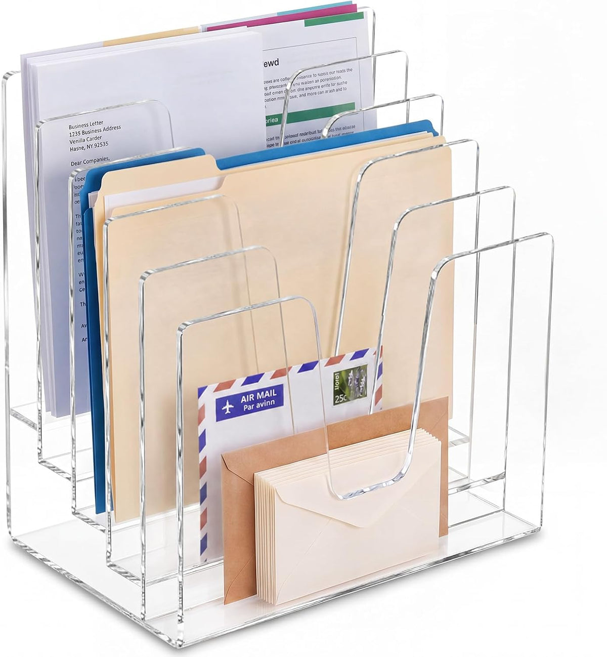 5 Section Clear Acrylic File Organizer, Inclined Desktop File Sorter