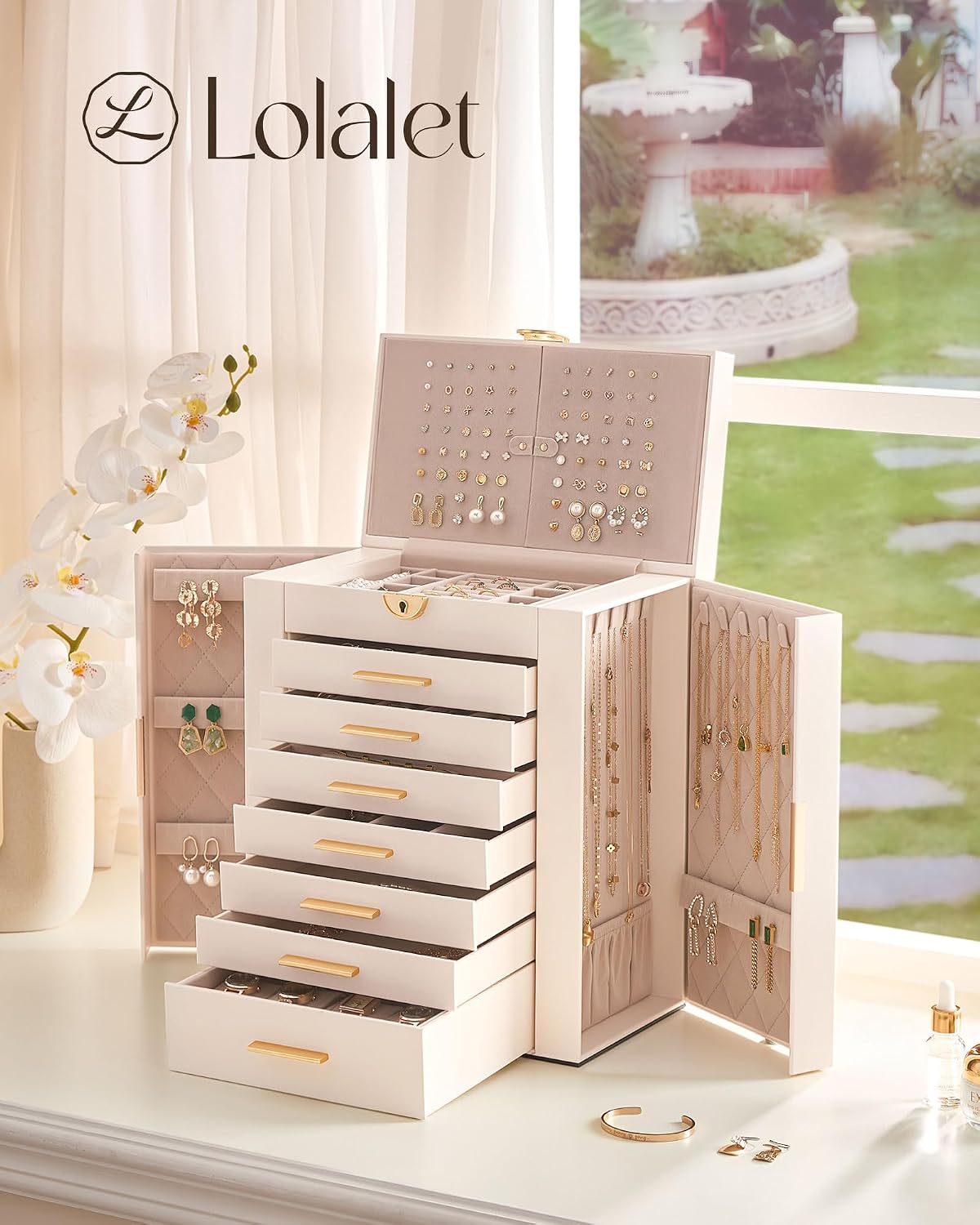Lolalet Large Jewelry Box, 8-Layer Jewelry Organizer with 7 Drawers -Beige