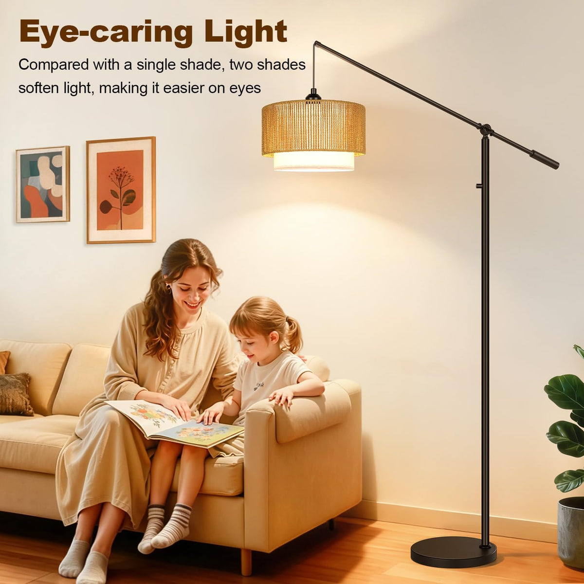 【Upgraded】Boho Dimmable Floor Lamps with Adjustable Swing Arm, 1100 Lumens Bu...